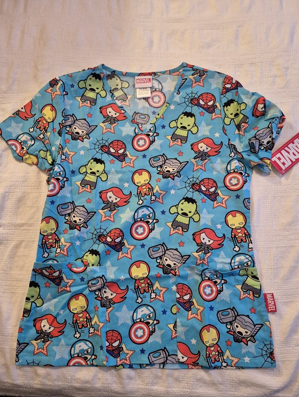 Marvel Avengers XS Scrub Top Chibi Cartoon Kawaii Disney Superhero IronMan NWT